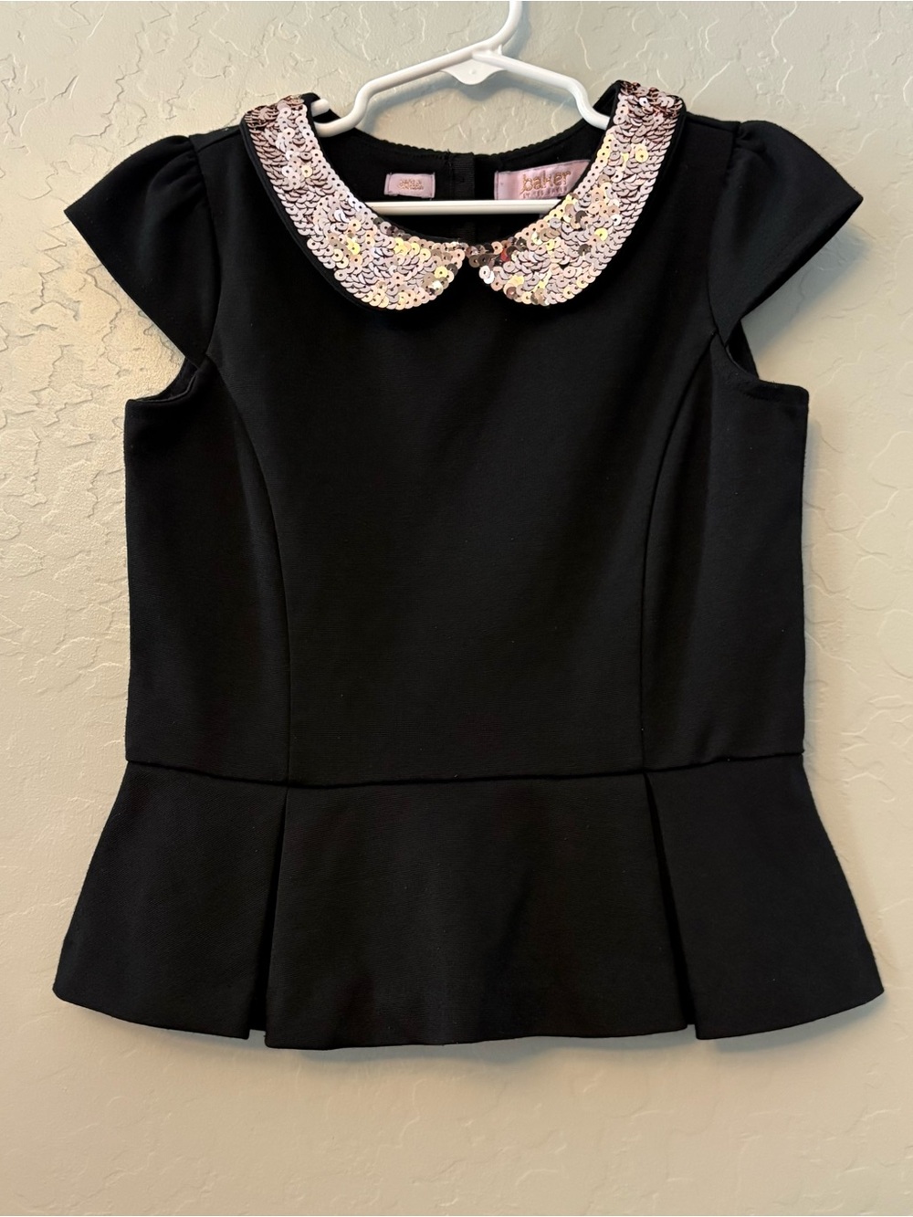 Baker by Ted Baker girls black peplum top  rose gold sequin peter pan collar 8